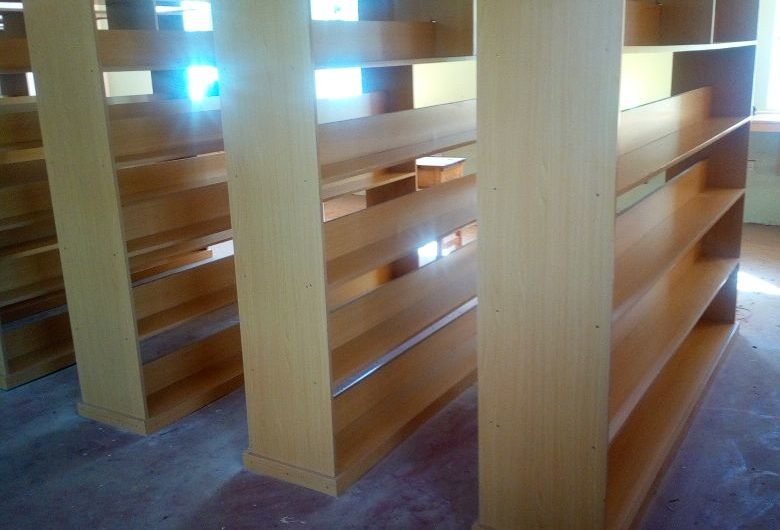 Wooden library shelves.