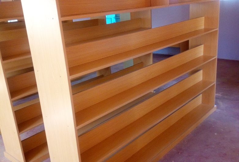 Wooden library shelves.