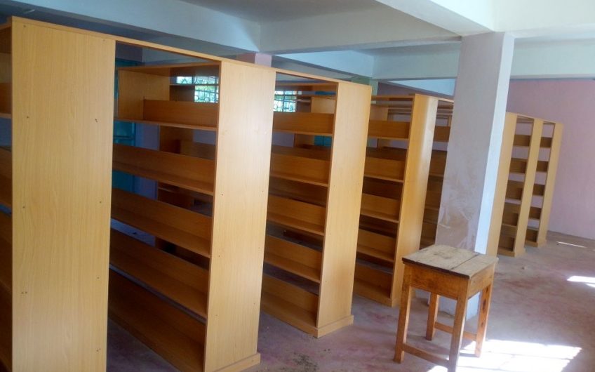 Wooden library shelves.