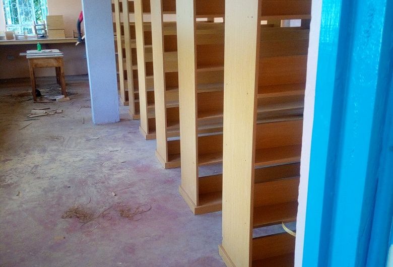 Wooden library shelves.